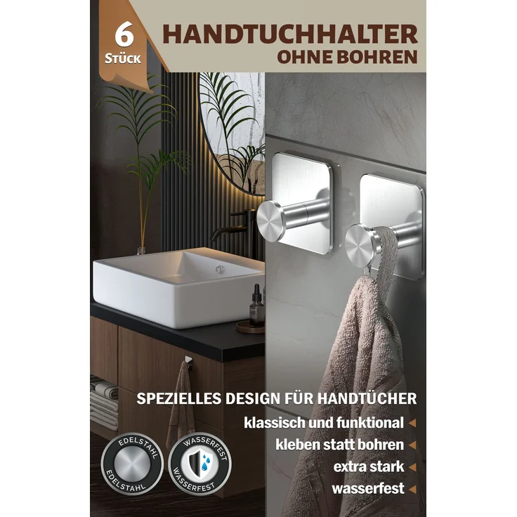 Lindenstein Wandhaken 6er-Set Silber – Edelstahl V2A, 3M-Pads, ohne Bohren – Bild 2