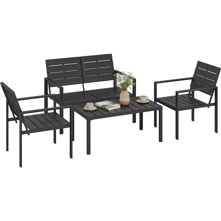 Wohnora-Gartenmöbel Set Sitzgruppe für 4 Personen Gartenlounge mit 2er Sofa 2 Sessel Beistelltisch Lamellendesign Schwarz,H 765cm x T 104cm x B 71cm – Bild 2