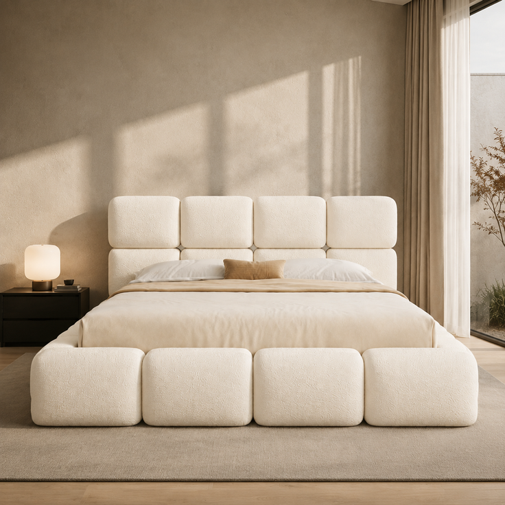 Gepolstertes Doppelbett, 160 x 200 cm, hydraulisch verstellbar, wolkenförmiges Bett, Stauraumbett, Bubble-Design, Lattenrost, mit Kopfteil und großem Stauraum, gepolstertes Kopfteil, weißer Schlingenveloursstoff. – Bild 3