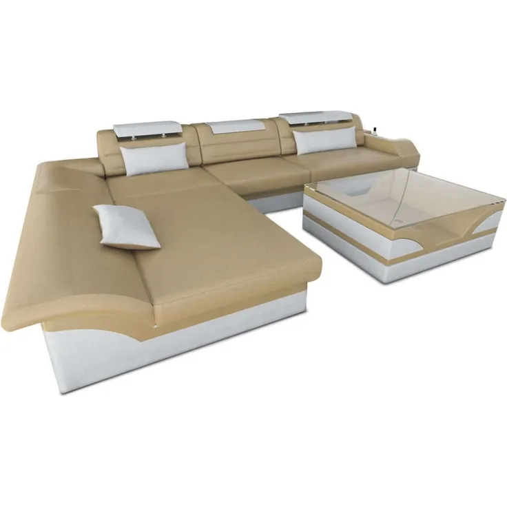 Mini Couch Monza Eleganz L Form in Leder - Echtleder - sandbeige-weiß - Links