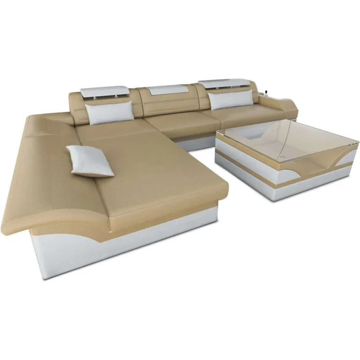 Mini Couch Monza Eleganz L Form in Leder - Echtleder - sandbeige-weiß - Links – Bild 1