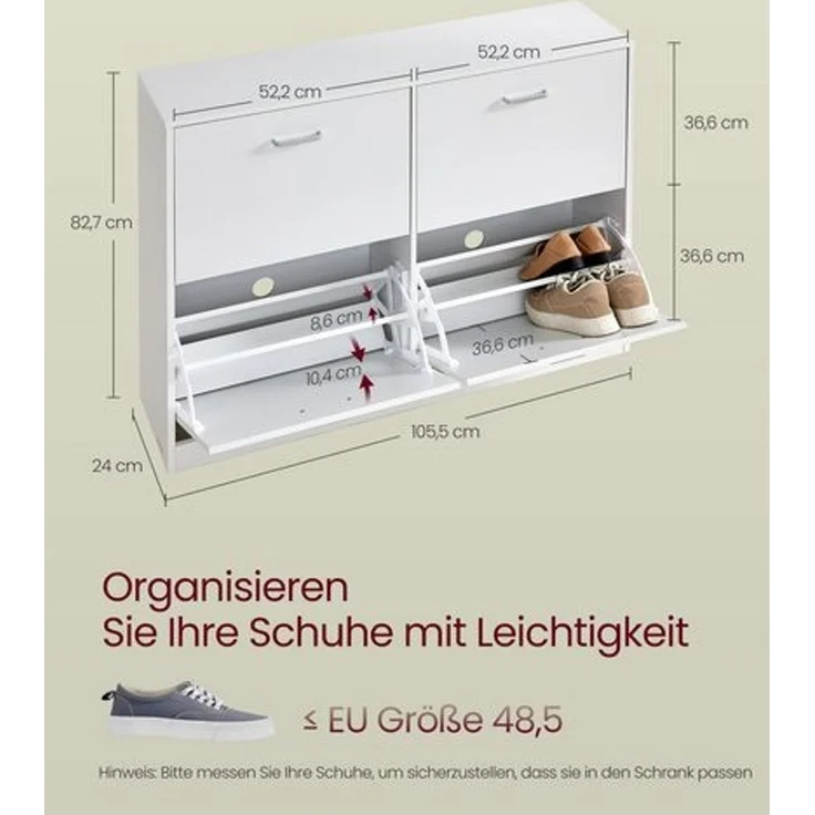 VASAGLE Schuhschrank 4 Klappen, Schuhkipper, Schuhregal, Schuhaufbewahrung, Trennwand verstellbar, für 16-28 Paar Schuhe, Flur, 24 x 105,5 x 82,7 cm, schneeweiß LBCDE035W01 – Bild 5