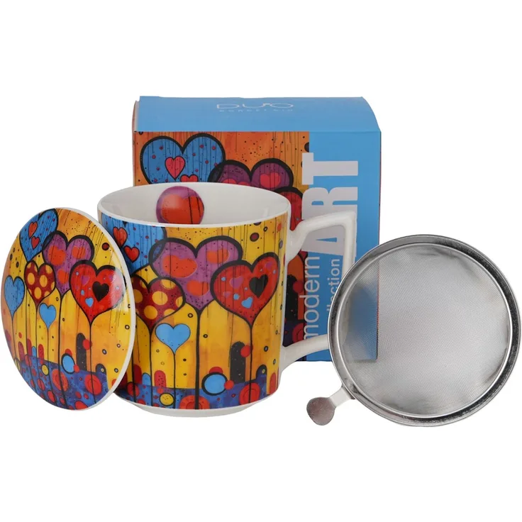 DUO Becher 450 ml mit Teesieb MODERN HEARTS New Bone China Porzellan