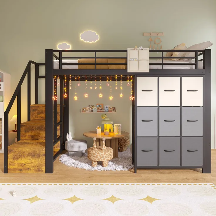 EINHOM Hochbett, 140 x 200 cm, Metall, mit Schubladen, Kleiderstange, Geländer, Treppe mit Stauraum,Schwarz (Ohne Matratze)