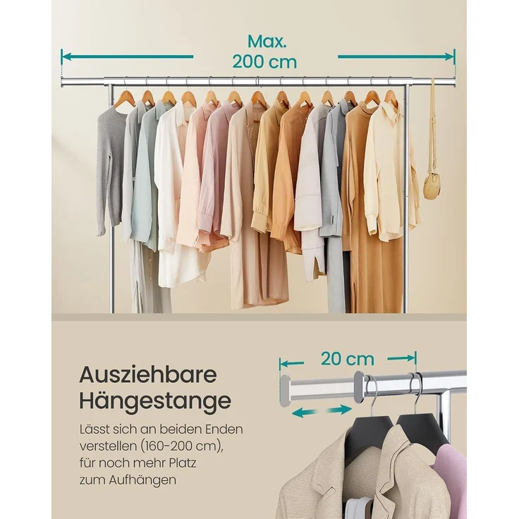 SONGMICS Kleiderständer auf Rollen, Garderobenständer, hochbelastbar, ausziehbare Kleiderstange, bis 110 kg belastbar, 45 x (160-200) x 162,9 cm, aus Metall, verchromt, silbern – Bild 4