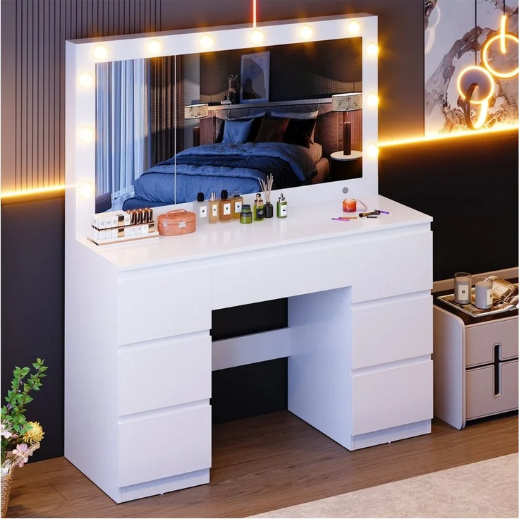 Furnicopia Schminktisch Großer verspiegelter Schminktisch mit sieben Schubladen (Abmessungen: 120 × 40 × 140 cm, 2 Steckdosen, 1 USB-Anschluss, 1 Typ-C-Anschluss. Spiegeldurchmesser: 106 cm. Inklusive Schmuckschrank mit speziellen Fächern für Halskette... – Bild 2