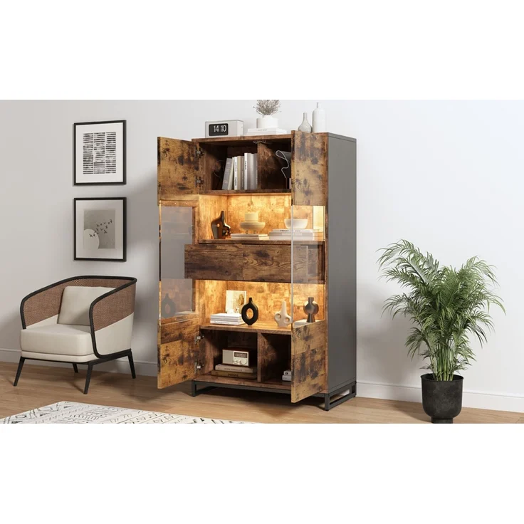 ZUBALIYA Vitrine (80 x 40 x 138 cm), 2 Türen und 2 Schubladen, LED - Beleuchtung, Transparente Elemente, Beige / Naturfarben / Schwarz – Bild 16