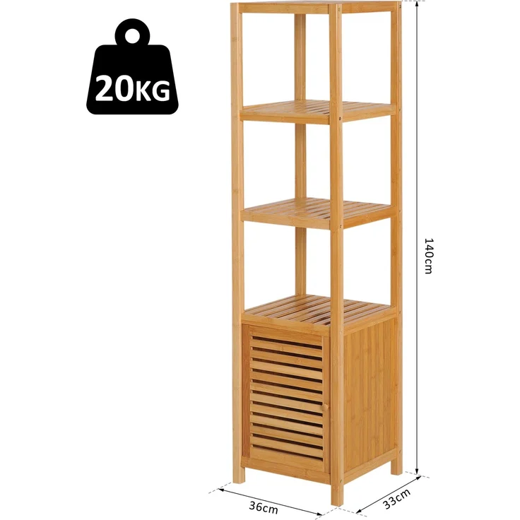 Badschrank 36 x 33 x 140 cm aus Bambus, 3 offene Fächer und Lamellentür – Bild 3