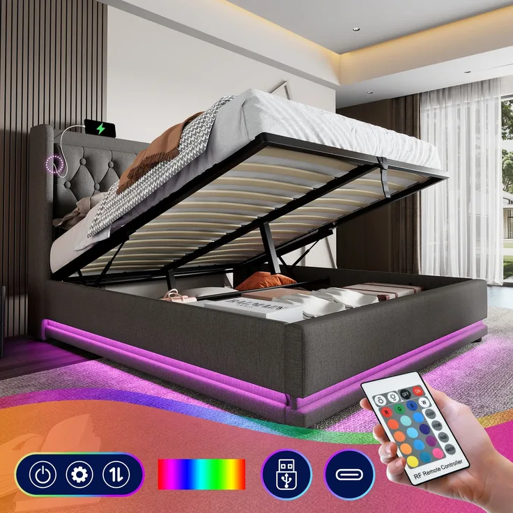 EINHOM Polsterbett Einzelbett 180 x 200 cm, Grau Baumwolle-Material Hydraulisches Stauraumbett, Gepolstertes Kopfteil mit USB Typ-C Ladefunktion, 3-Seitige LED-Funktion, (Ohne Matratze)