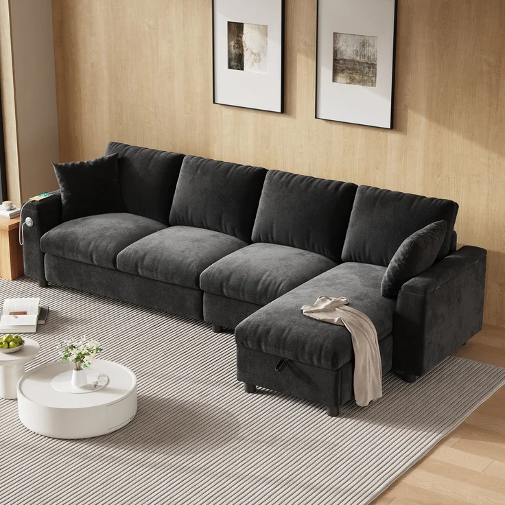 EINHOM Chenille-Stoffsofa, L-förmige Ecke und zwei Armlehnen mit Stauraum. Ausklappbarer Couchtisch mit zwei Getränkehaltern, 1 USB und 1 Typ-C. L-förmiger Teil kann links oder rechts platziert werden. grau – Bild 4