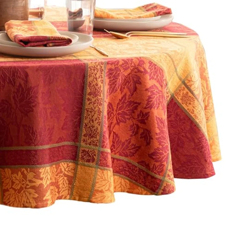 Elrene Home Fashions Tischdecke, Ahornholz-Blatt, Jacquard, Herbst, Ernte, Erntedankfest, Baumwolle, rund, 178 x 177,8 cm – Bild 1