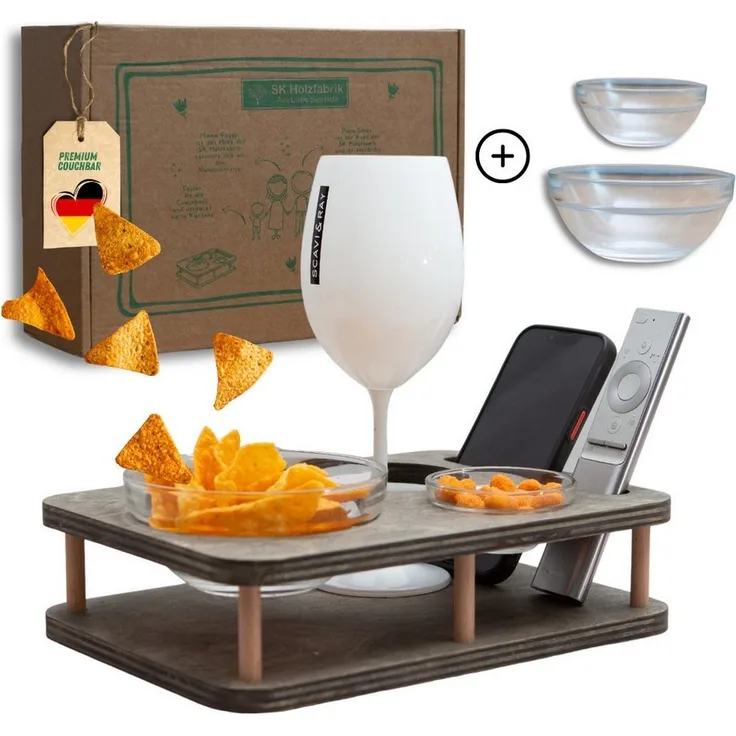 PEGSEN Servierplatte Couchbar Snackbar YOLO mit 2 Glasschalen, Getränke und Snacks stehen stabil und sicher