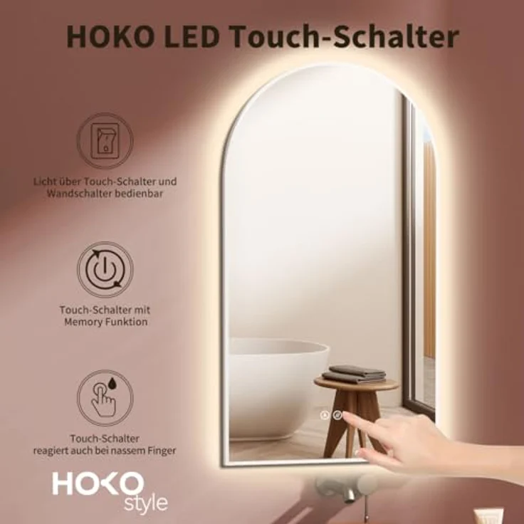 HOKO Modesto LED Bogenspiegel 50x90 cm / 90x50 cm, Antibeschlag-Funktion, Touch-Schalter, stufenlos wechselbare Lichtfarbe 2700-6500K, weißer Metallrahmen, HOCH+QUER Montage – Bild 3