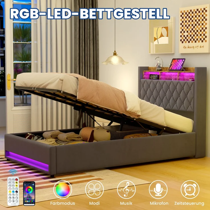 Luxuriöses Polsterbett aus Samt mit hochelastischer Polsterung & Lattenrost, ohne Matratze, 140x200 cm, Dunkelgrau – Bild 5