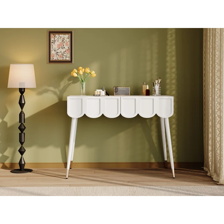 Schminktisch, Frisiertisch, mit 2 Schubladen, Metallfüße, weiß, Maße: B100 × T40× H76 cm--Weiß--100x40x76cm--YOUDENOVA – Bild 10