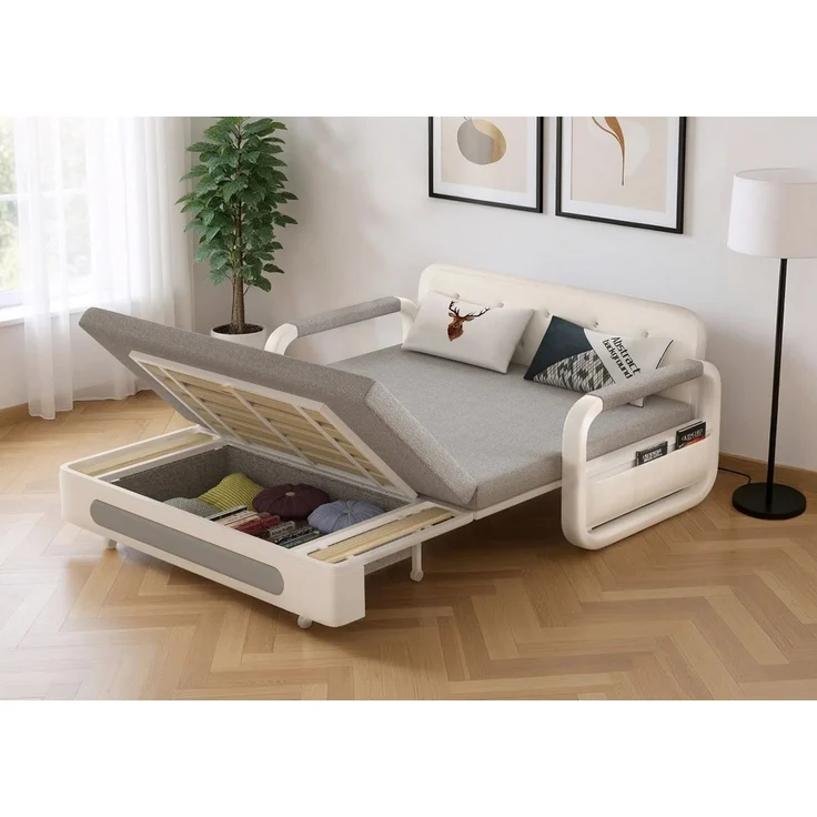 oleyluckidea Schlafsofa Ausziehbares,schlafcouch mit Stauraum und Latexmatratze,sofabett Weiß, Zum Bett umwandelbar – Bild 1