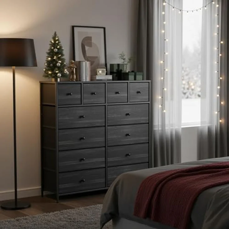 Clevich Stoff-Kommode, Schminktisch Schrank, Aufbewahrungsschrank, 12 Schubladen aus Stoff, Metallrahmen, industrieller Stil, für Wohnzimmer, Flur, Schlafzimmer (Schwarz) – Bild 5