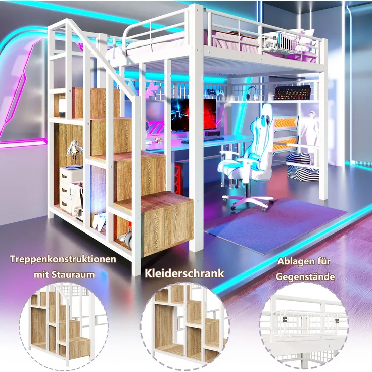 Merax Hochbett, Kinderbett 140×200cm, Jugendbett, mit LED-Lichtleiste, Treppenkonstruktionen mit Stauraum, Ohne Matratze, Weiß – Bild 7