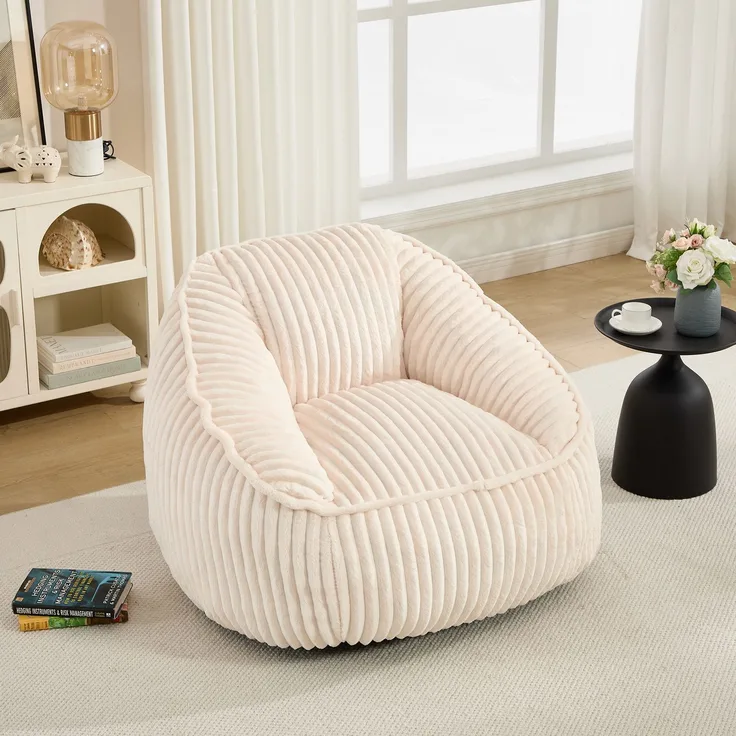 Sitzsack-Sessel aus beigem Cord mit weicher Schaumstofffüllung, 1 Stück,H 73 x T 98 x B 92 cm