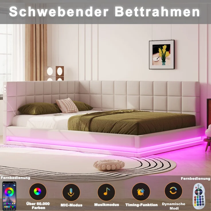 Polster Schlafsofa mit LED-Beleuchtung & USB-Ladefunktion, wandelbar,stabiler Lattenrost,bis 250kg belastbar,Beige – Bild 5