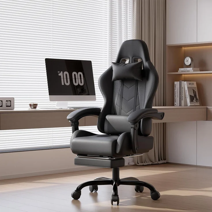 Devoko Massage Gaming Stuhl, Computer Bürostuhl mit Fußstütze, Racing Gamer Stuhl 150kg Belastbarkeit, 90-135° Rückenlehne einstellbar Ergonomischer PC Stuhl, 360° drehbar, Schwarz – Bild 9