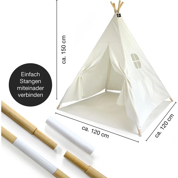 Hej Lønne Kinder Tipi, weißes Zelt, ca. 120 x 120 x 150 cm groß, Spielzelt mit Bodendecke und Fenster, inkl. Beutel und Anleitung, für drinnen und draußen, schadstofffrei – Bild 2