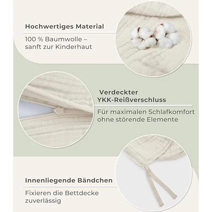 Laynenburg Kinderbettwäsche Musselin 2 teilig aus 100% Baumwolle in 100x135 cm + 40x60 cm, atmungsaktiv & bügelfrei – 3 lagig mit Reißverschluss & Haltebändern – Bild 6