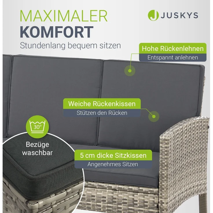 Juskys Polyrattan Gartenmöbel Sitzgruppe Turin Set 6 teilig inkl. Abdeckung - 7 Personen - Outdoor Möbel mit Sessel, Hocker, Tisch & Kissen - Garten Loungemöbel Grau-meliert – Bild 3