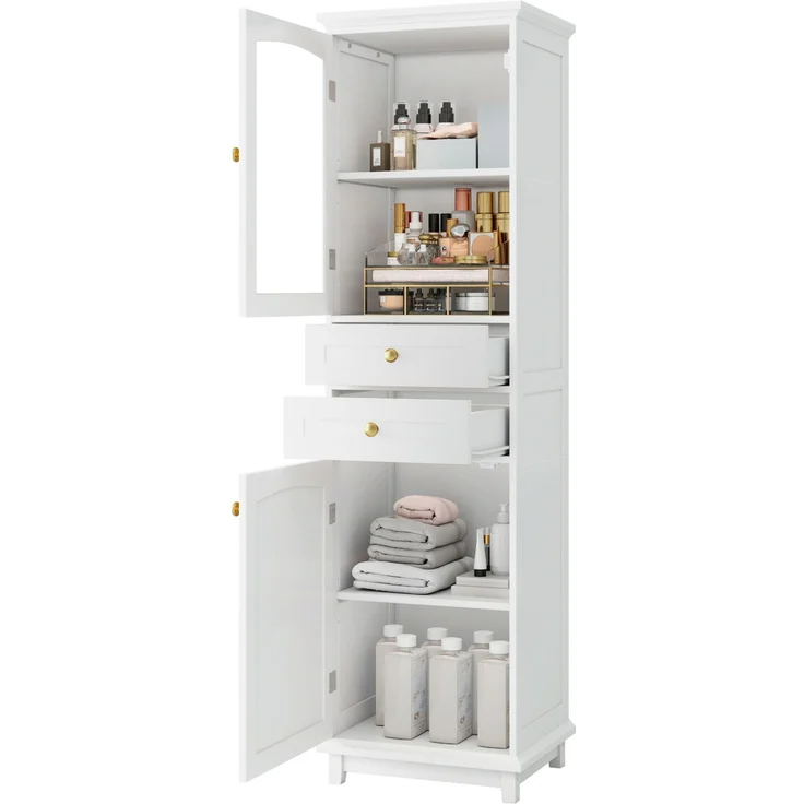 Badezimmerschrank 45 x 36 x 160 cm in Weiß mit Glastür, Schubladen und verstellbarem Einlegeboden – Bild 2