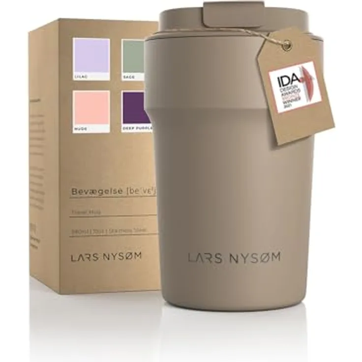 LARS NYSØM Thermo Kaffeebecher to go 380ml | Travel Mug 0,38 Liter mit Isolierung | Auslaufsicherer Edelstahl Thermobecher für Kaffee und Tee unterwegs | Teebecher (Taupe Brown, 380ml)