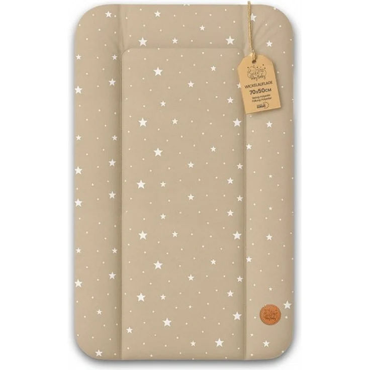 Wickelauflage Wickelunterlage abwaschbar und wasserdicht 70x50 cm - Wickelmatte zum Auflegen auf Wickeltisch Wickelaufsatz Wickelkommode oder Waschmaschine changing mat 70x50 Beige mit Weiß Sternen – Bild 4