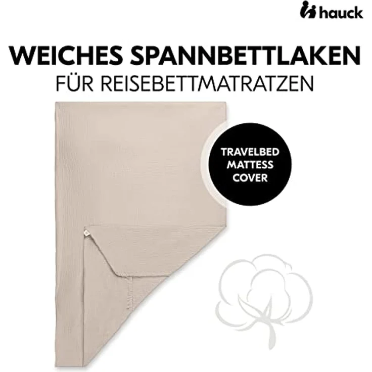 Hauck Baby Spannbettlaken 60x120 cm für Reisebettmatratzen, Baby Matratzenbezug Baumwolle Musselin, 60° C Maschinenwäsche, Babybettlaken mit Gummizug (Beige) – Bild 2