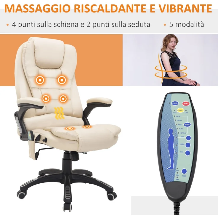 JARDJ Höhenverstellbarer Büromassagestuhl mit 6 Massagepunkten, PU, 62 x 68 x 111–121 cm, Beige – Bild 6