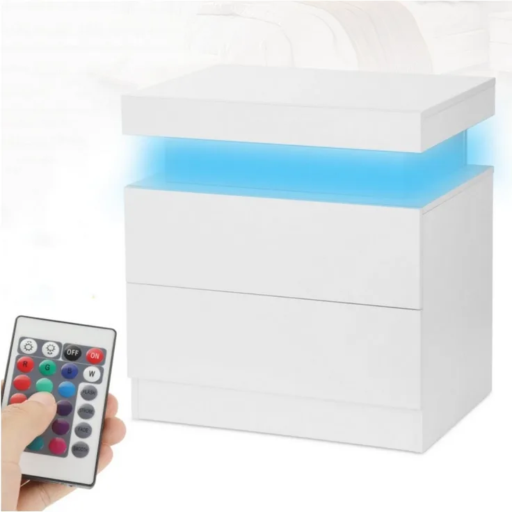 oyajia Nachttisch Hochglanz Nachtschrank mit 2 Schubladen,LED-Beleuchtung 16 Farben (Nachttisch mit LED Streifen, Beistelltisch), Nachttisch mit einstellbare Farben,Sofatisch, 45x35x55 cm Schwarz/Weiß