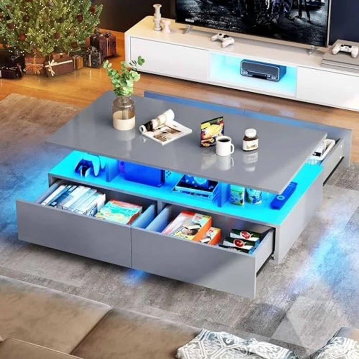 YITAHOME Couchtisch Grau, Wohnzimmertisch Hochglanz mit 16-Farbiger LED Beleuchtung Modern, Beistelltisch Weiss mit Offenem Ausstellungsregal und 4 Ausziehbaren Schubladen 90x55x41,1 cm – Bild 1