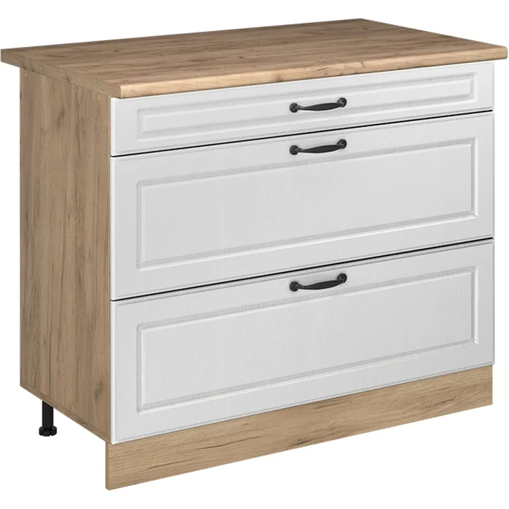 Küchenunterschrank R-Line Weiß Landhaus/Goldkraft Eiche 100 cm Arbeitsplatte Goldkraft Eiche Vicco – Bild 1