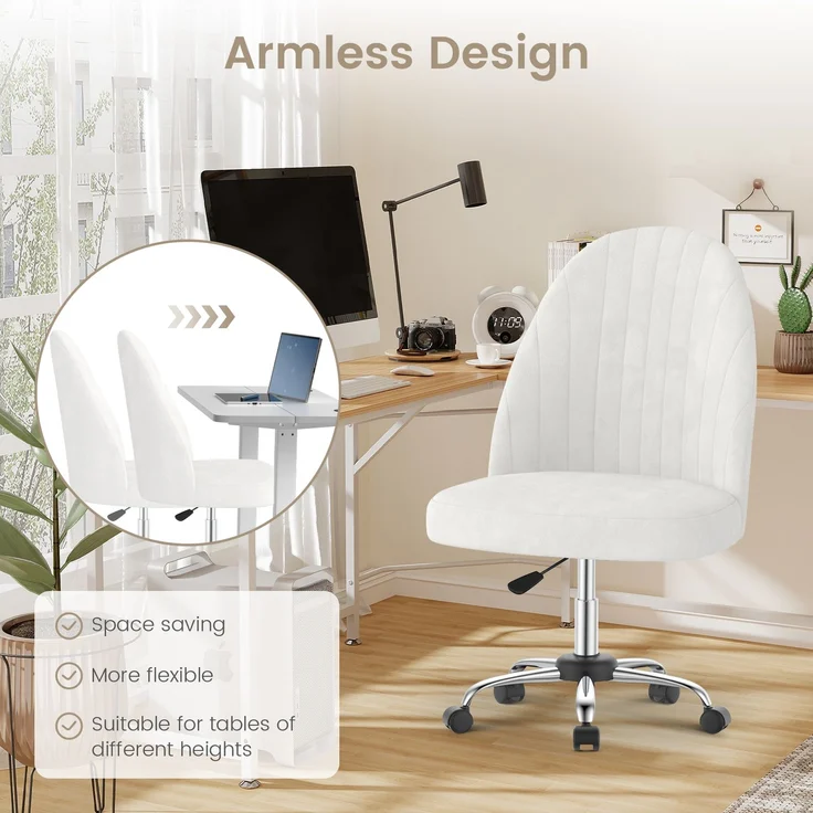 Botifly Bürostuhl ohne Armlehnen, Samt, Weiß, 8 cm Polsterung, 360° Drehbar – Bild 6