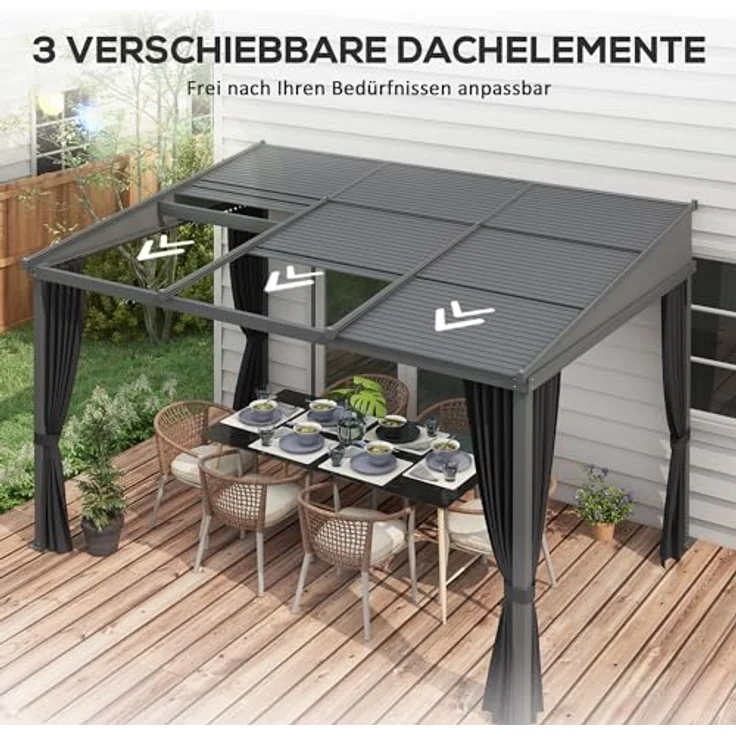 Outsunny Pergola 3,65 x 2,55 m mit Schiebedach, Gartenpavillon mit Vorhängen, Aluminium-Metall-Konstruktion, Dunkelgrau – Bild 3