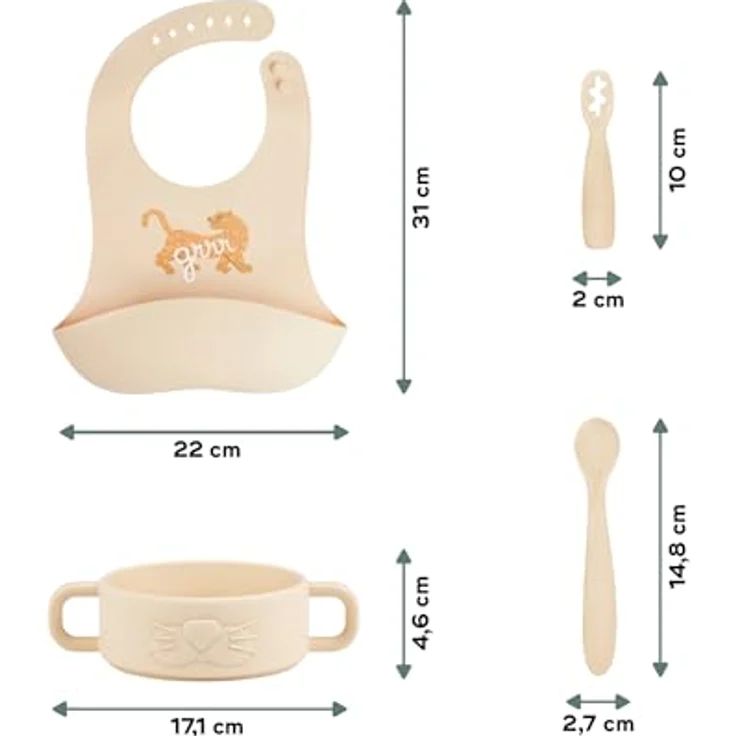 Babymoov Baby Geschirrset Mini Roar - ab 4 Monate - 4er Set Silikon, Baby Lätzchen, 2x Babylöffel, Schüssel, BPA-frei, Spülmaschinenfest – Bild 7