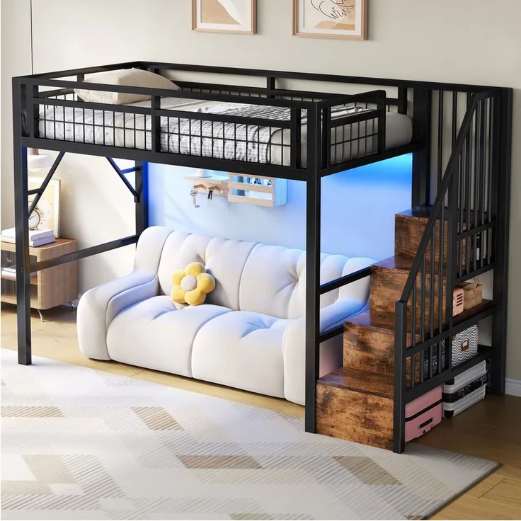 Odikalo Hochbett 90x200 140x200 Kinderbett Jugendbett, LED Schreibtisch Stauraumtreppe (Eisenrahmen, Lagerregal, Hängendes Gitter, LED-Lichtleiste, Schreibtisch, Treppenkonstruktionen mit Stauraum,mit 2 USB-Anschlüssen und 1 Typ-C-Buchse, Ohne Matratze)