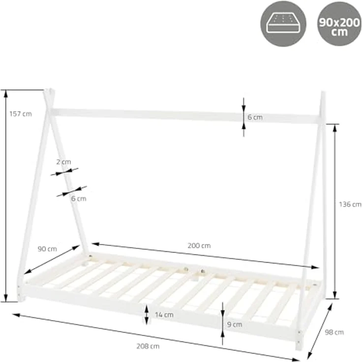 ML-DESIGN Spielbett Hausbett Tipi Zeltbett inkl. Lattenrost Bodenbett Kinder Himmelbett, Abenteuerbett zum Spielen Zelt Kinderbett Kiefer Bettenhaus Bett Weiß – Bild 3