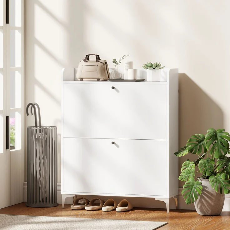Mobiler Schuhschrank „Slim“ mit 2 Klappschubladen und verstellbaren Einlegeböden, aus Holz und Metall, 80 x 24 x 101 cm, Weiß – Bild 4