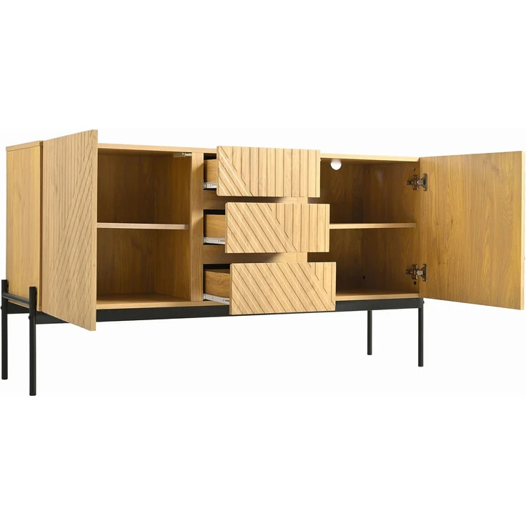 Merax Sideboard mit 2 Türen und 3 Schubladen,Metallbeinen, TV-Schrank,Buffet, Kommode mit Linien-Design, Maße: H75 cm / B140 cm/ T40 cm – Bild 8