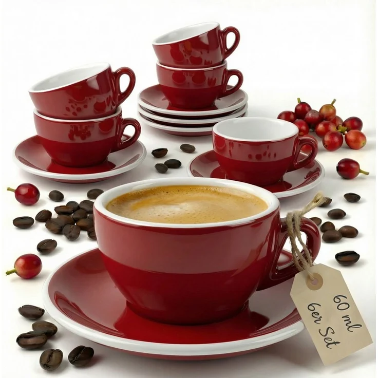 MUVELL Espressotasse 6x Espressotassen & Untertassen Set 0,8 cm dickwandig, rot, 6-tlg, Keramik, 60 ml rot mit weißen Rand und Innenfläche – Bild 1