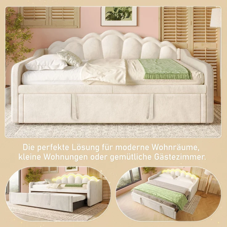 Merax Einzelbett, Kinderbett 90x200cm(180x200cm), Schlafsofa, Tagesbett mit ausziehbarem Bett, Samt, Farbwechselbarer LED-Streifen, Beige – Bild 6