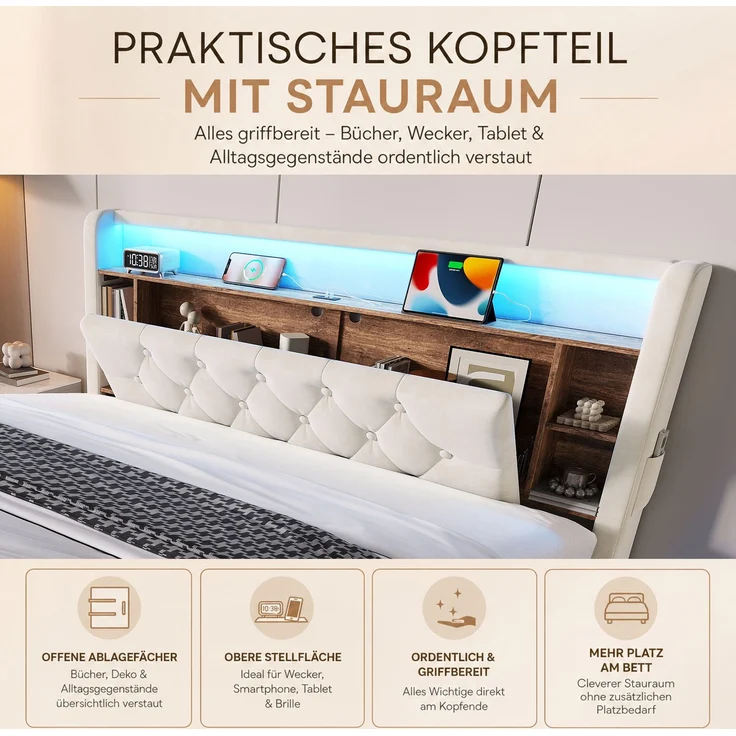 TavilaEcon Boxspringbett Samtbett, Polsterbett mit LED-Beleuchtung & USB-Ladefunktion beige Liegefläche 160 × 200 cm – Bild 6