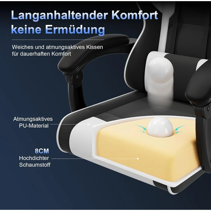 JUMMICO Gaming Stuhl mit Massagefunktion, Bürostuhl Ergonomisch 150kg, Gamer Stuhl mit 50 cm Extrabreites Sitzkissen, Weiß Schwarz – Bild 5