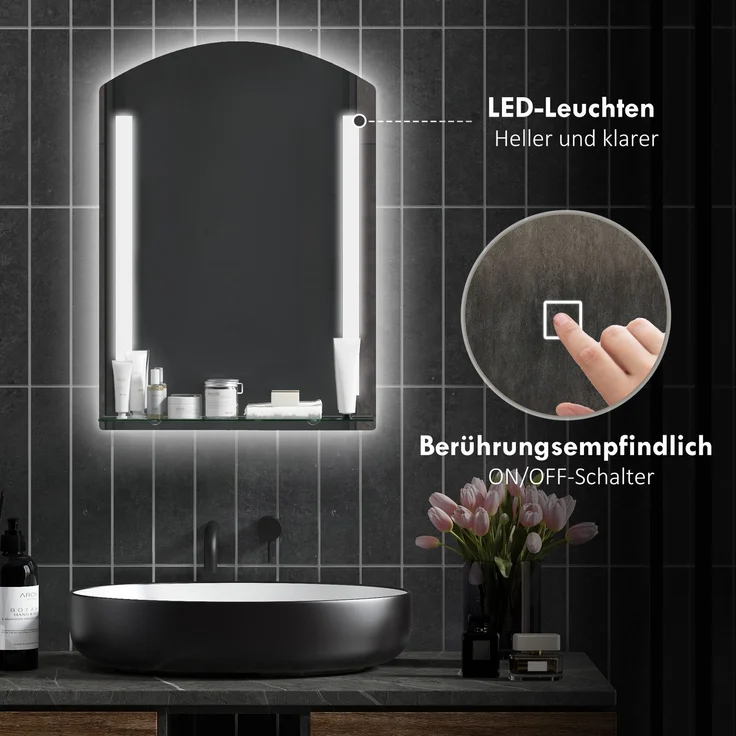 Badezimmerspiegel mit LED-Beleuchtung, elegant und hochwertig, Glas, Aluminium, Kunststoff, 50L x 12B x 70H cm--Silber--70x12x50cm--YOUDENOVA – Bild 7