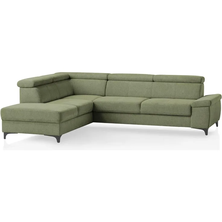 Traumnacht Montpellier Ecksofa 3-Sitzer mit festem Anbauelement (Hocker) inkl. Schlaffunktion, Bettkasten rechts und verstellbarem Kopfteil, grün, produziert nach deutschem Qualitätsstandard