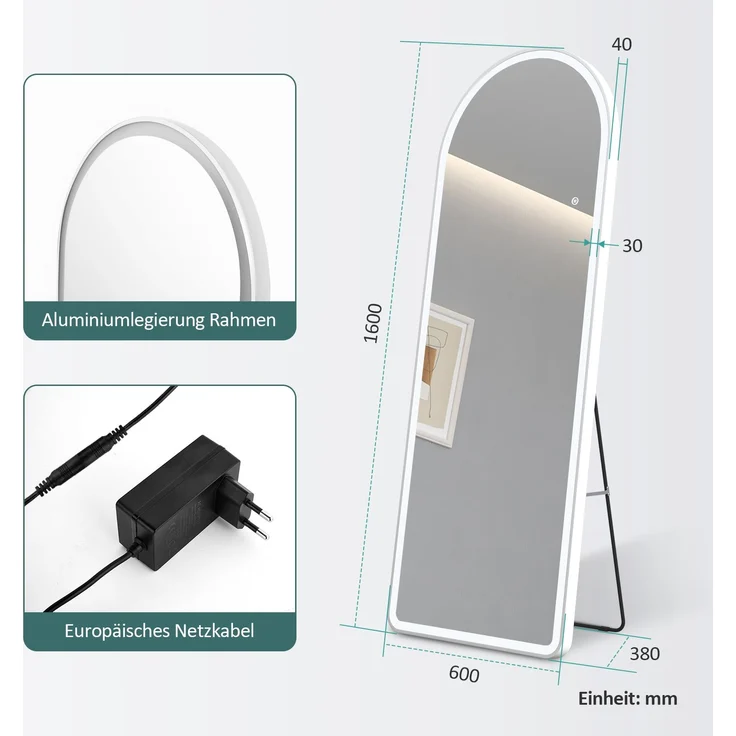 EMKE Bogen Standspiegel Ganzkörperspiegel mit LED Beleuchtung 3 Lichtfarbe Einstellbar Dimmbar, mit Rahmen aus Aluminiumlegierung Weiß 160x60cm – Bild 4